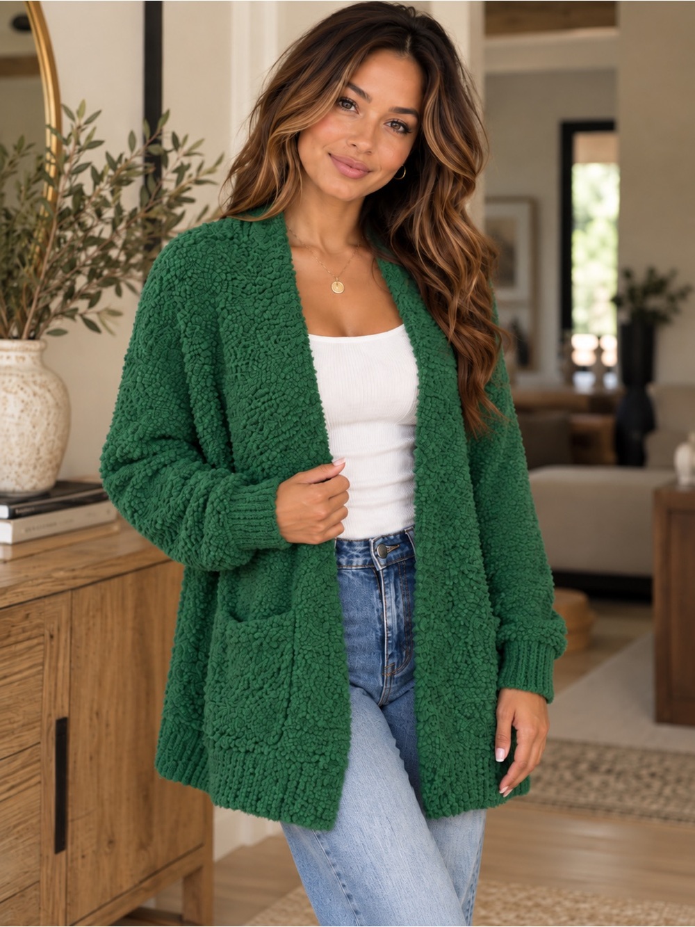 Zenana Popcorn Knit Open-Front Cardigan – Green 💚
